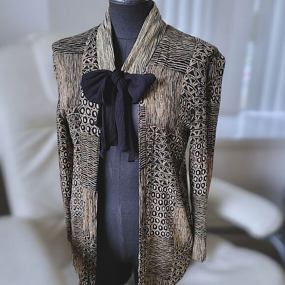 Vtg crêpe abstract print open front long sleeve blouse - Picture 6 of 13